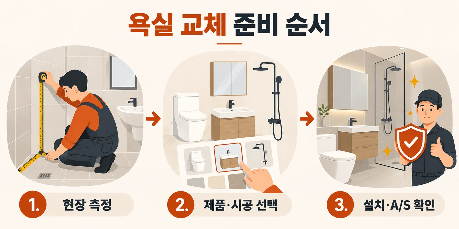 현장을 측정하고 제품과 시공 범위를 선택한 뒤 설치와 사후 서비스를 확인하는 욕실 교체 준비 순서