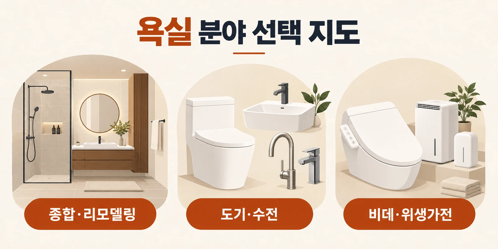 종합 리모델링, 도기와 수전, 비데와 위생가전으로 나눈 욕실 분야 선택 지도