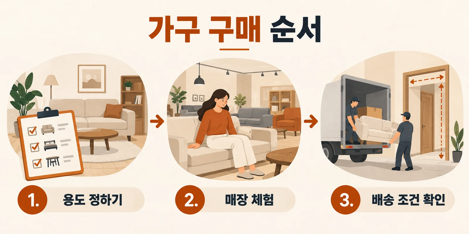 용도를 정하고 매장에서 체험한 뒤 배송 조건을 확인하는 가구 구매 순서