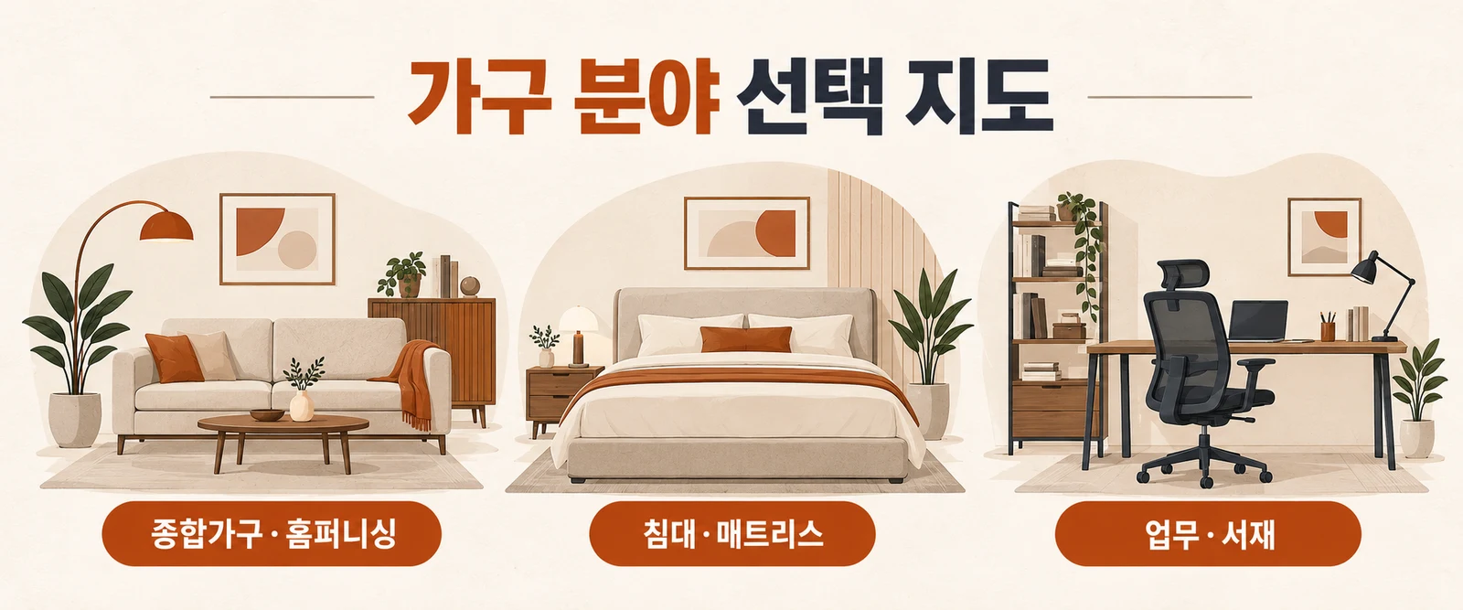 종합가구와 홈퍼니싱, 침대와 매트리스, 업무와 서재 가구로 나눈 가구 분야 선택 지도
